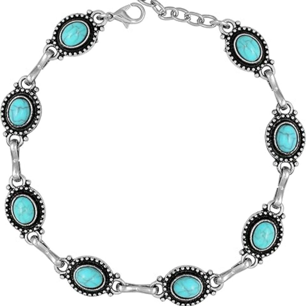 Silver Turquoise Stone Anklet Overlay Gemstone Adjustable Link Ankle Bracelet‎